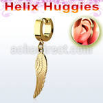 ehg584 gold steel helix huggie w dangling gold colorbird wing