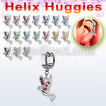 ehh550 helix huggie w a dangling dove with tiny crystals