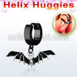 ehk569 black steel helix huggie w dangling black bat