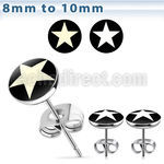 er198 pair of stainless steel ear studs w white star on black