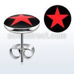 er201 pair of stainless steel ear studs w red star on black