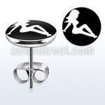 er203 pair of stainless steel ear studs with mudflap girl logo