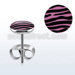 er233 pair of steel earring studs w black pink zebra logo