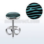 er234 pair of steel earring studs w black blue zebra logo