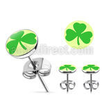 er236 pair of stainless steel ear studs w shamrock on white