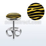 er239 pair of steel ear studs w black yellow zebra logo