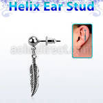 erbd654 316l steel helix ear ball stud w small dangling feather