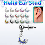 erbd734 316l steel helix ear stud w a dangling moon w crystals