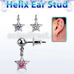 erbdz414 ball shaped steel helix ear stud w dangling star w cz