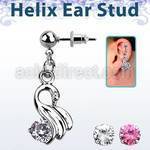 erbz375 316l steel helix ear stud ball with dangling swan w cz