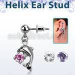 erbz7 316l steel helix ear stud ball w dangling dolphin w cz