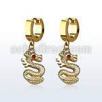 erg721 gold steel huggies earrings dangling dragon crystal eye