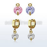 ergz519 gold steel huggies earrings w dangling 8mm prong set cz