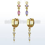 ergz522 gold steel huggies earrings w dangling oval cz