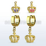 ergz590 gold plated stainless steel huggie w dangling crown w cz