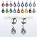 erh403 steel huggies earrings w dangling teardrop w crystals