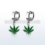 erh432 steel huggies earrings w dangling green marihuana leave