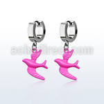 erh454 steel huggies earrings w dangling pink color bird