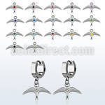 erh463 steel huggies earrings w dangling plain bird w crystal