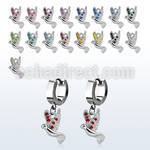erh550 steel huggies earrings w dangling dove w tiny crystals
