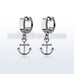 erh632 steel huggies earrings w dangling plain anchor design