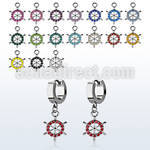 erh633 steel huggies earrings w dangling crystal ship wheel