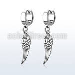 erh653 steel huggies earrings w a dangling plain bird wing 