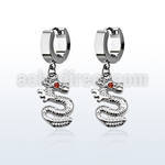 erh721 steel huggies earrings w dangling dragon w crystal eye