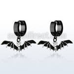 erk569 black steel huggies earrings w dangling black bat