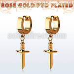 err768 rose gold  steel huggie earring with a dangling dagger