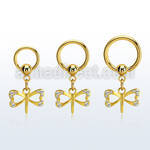 gold steel ball closure ring 14g w dangling dragonfly