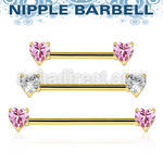 gold steel nipple barbell w prong set heart shaped czs