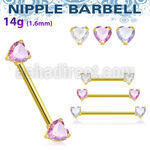 gold steel nipple barbell w prong set heart shaped czs