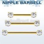 gold steel nipple barbell w prong set round czs