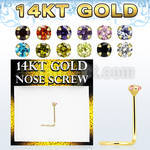 gszm1 14kt gold bend it nose screw with 2mm round prong set cz