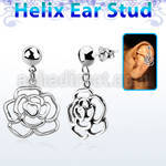 hexvd10 925 silver helix ear stud w dangling 925 silver rose