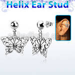 hexvd5 925 silver helix ear stud w dangling silver butterfly