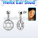 hexvd6 925 silver helix ear stud w dangling david star symbol