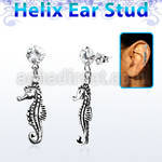 hexzd13 925 silver helix earstud w cz dangling silver sea horse
