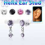 hexzd37 silver helix ear stud w dangling 3mm round prongset cz 