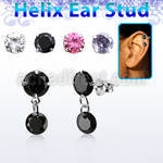 hexzd41 silver helix ear stud w dangling 5mm round prongset cz 