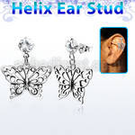 hexzd5 925 silver helix earstud w cz dangling silver butterfly