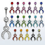 mcd496 316l steel belly banana with dangling crystal ribbon