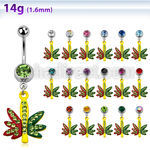 mcd619 316l steel belly banana w jewel ball dangling marijuana leaf