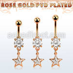 mdrz414 rose gold steel belly banana w dangling star shape w cz
