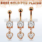 mdrz419 rose gold cz belly banana w dangling heart shape w cz