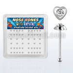 nbhrbxc box of silver nose bones with heart with center crystal