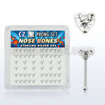 nbzhc box of silver nose bones with 3mm heart clear prong cz