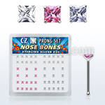 nbzqm box of silver nose bones with assorted color prong cz