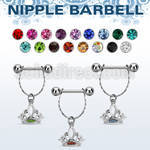npdl15 steel nipple barbell w chain dangling crystal crown 